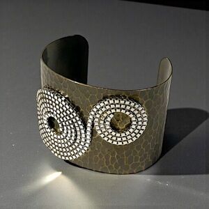 Bold Vintage A.V. MAX N.Y.C. Hammered Brass Cuff Bracelet Silver Swirl Design